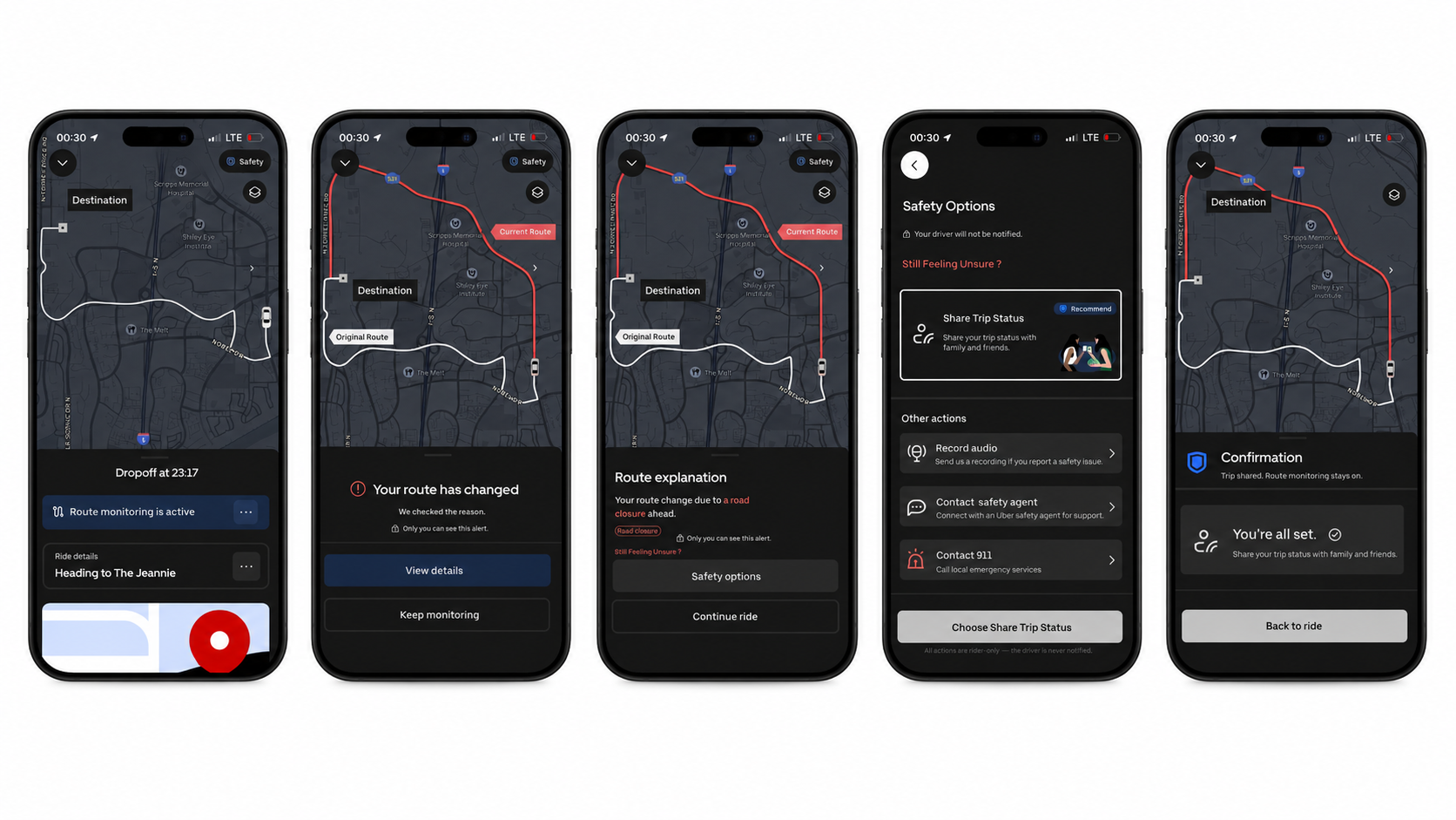 Night Ride Confidence for Uber app design screens